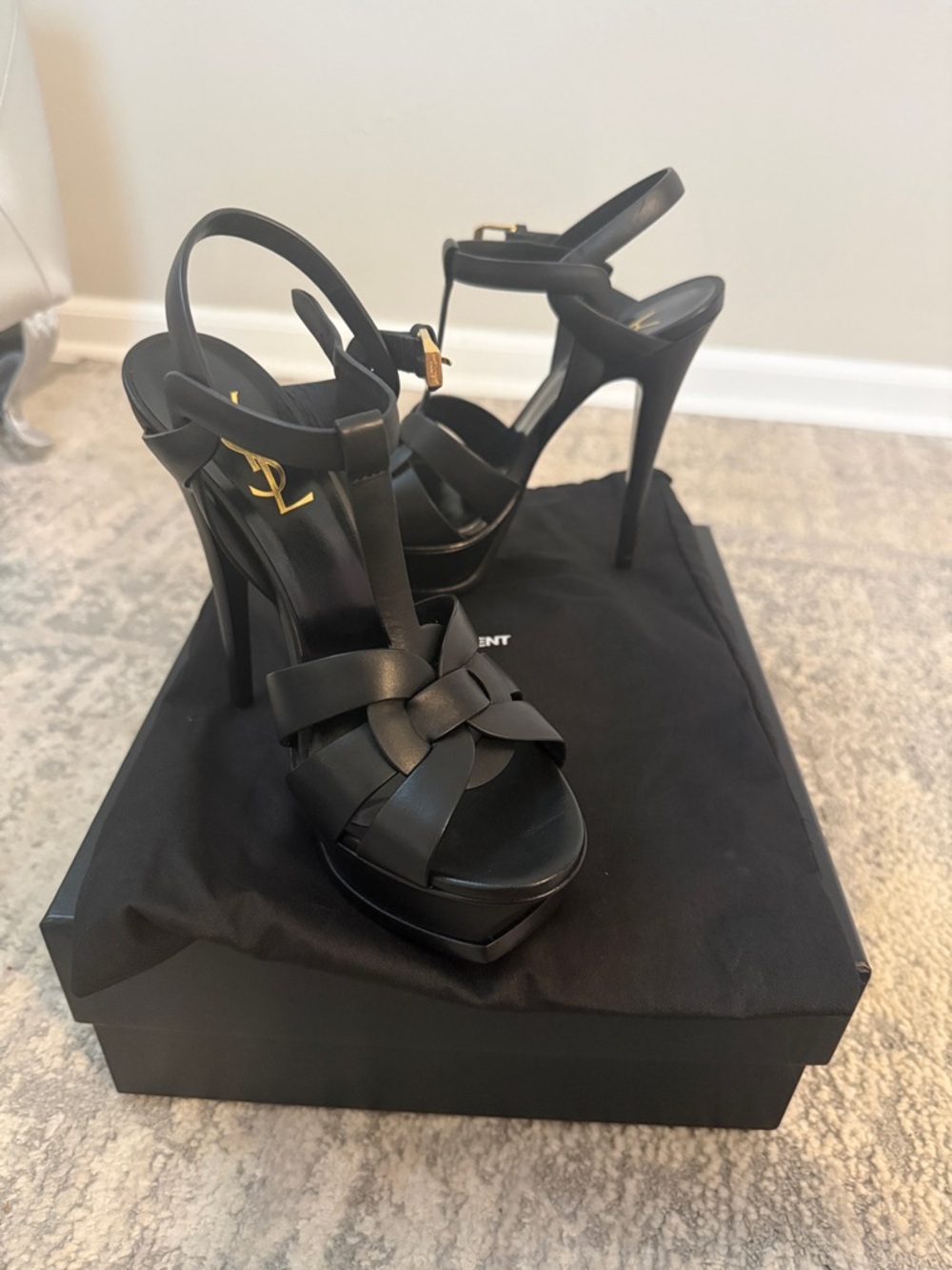LIKE NEW!!! Saint Laurent Tribute Black Leather Knotted T-Strap Platform Heels